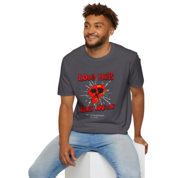 Love Hurts Smash Anyway Unisex Softstyle T-Shirt | Edgy Graphic Tee for Rebels - Image 2